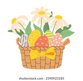 Easter eggs and spring meadow flowers bouquet in basket vector illustration collection. Modern hand drawn camomile clip art set for books, stationery, banners and social media