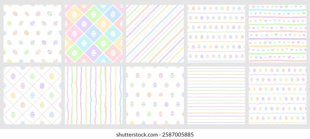 Easter eggs, spring Paschal seamless patterns collection, backgrounds set. Multicolored, colorful small painted cute egg shapes hearts with stripes, square check, plaid, doodle hand drawn streaks bars