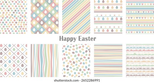 Easter eggs, spring Paschal seamless patterns collection, backgrounds set. Multicolored, colorful small painted cute egg shapes with stripes, square check grid, doodle