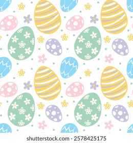 Easter eggs, spring.  Seamless pattern on white background. Vector.