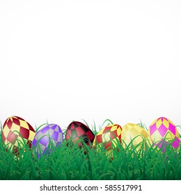 Easter eggs with squares in grass on a white shining background