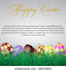 Easter eggs with squares in grass on a white shining background. With text