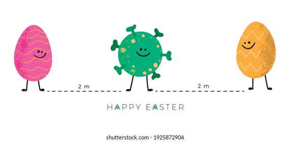 Easter eggs standing on social distance from coronavirus, covid 19. Cute vector illustration with lettering Happy Easter. Concept for card, banner, web