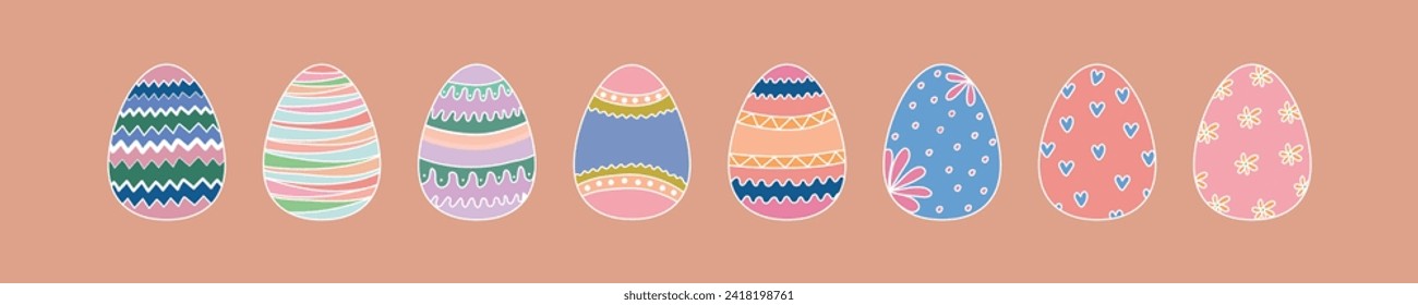 Easter eggs stickers. Colorful painted Easter eggs. Coloring book for Easter. Vector.