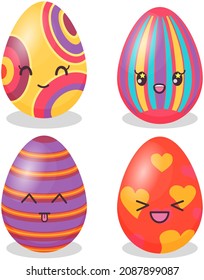 Easter eggs stickers kawaii icon vector design. Adorable decorated holiday eggs with positive emotions, japanese culture symbol anime. Sweet smiling faces, facial expressions in cute oriental style