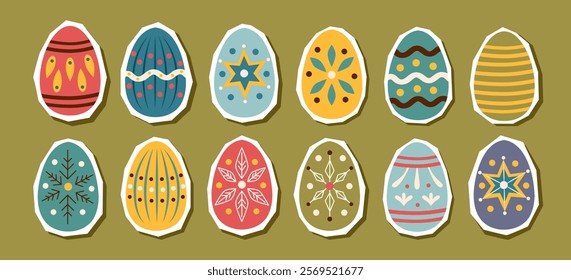 Easter eggs stickers set isolated on green. Colored Easter eggs cliparts. Vector hand drawn collection.