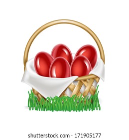 easter eggs in straw basket on grass isolated on white