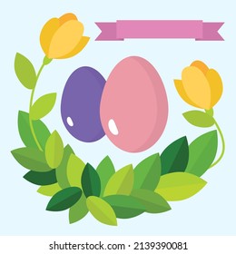 Huevos de Pascua rodeados de tulipanes amarillos