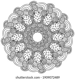Easter eggs and swirl mandala, zen rasrkaska page with festive motives vector illustration
