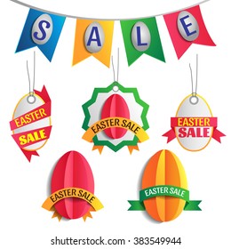 The Easter eggs tags for Easter sales with special offers ribbon