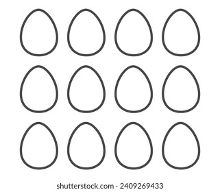 Plantilla de huevos de Pascua. 12 huevos. Consejos para los niños. Cortar formas. Muestras de huevos en blanco para cortar y dibujar dentro. Ilustración vectorial en negrita aislada en fondo blanco. 