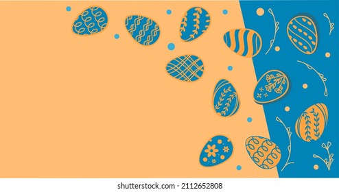 Easter eggs template on contrast blue and orange background. Vector isolated elements for the Easter holiday.