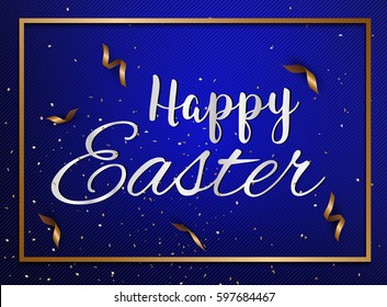 Easter eggs text with confetti gold and dark blue colors free space place for text.vector illustration