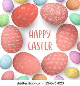 Easter eggs with text. Coral eggs in circle with monochrome simple decoration on white background. Abstract ornaments.