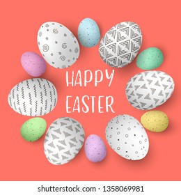 Easter eggs with text. Coral eggs in circle with monochrome simple decoration on white background.