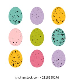 Easter eggs with texture of splatters and blots. Set of colorful Easter eggs. Vector illustration.