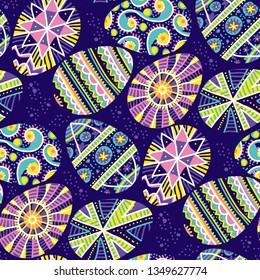 Easter eggs with traditional decor seamless pattern. Spring life symbol in universe sky colors. Background for Easter celebration.