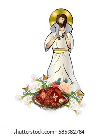 Easter eggs, traditionally painted with religious cross ornaments, with flowers in a crown of thorns, with the risen Lord Jesus Christ the Good Shepherd 