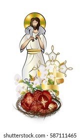 Easter eggs, traditionally painted with religious cross ornaments, with flowers in a crown of thorns, with the risen Lord Jesus Christ the Good Shepherd and a cross