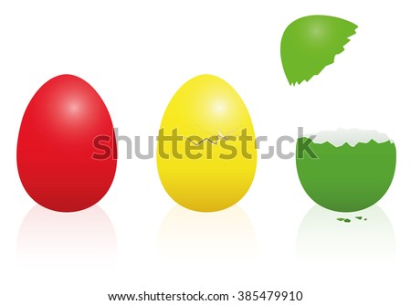 Easter eggs - traffic light colors - red, yellow, green - intact, broken, open. Three-dimensional isolated vector illustration on white background.