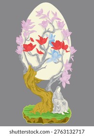 Easter eggs with a tree and branches wrapped around them, along with pink, red, and light blue flowers, and a statue of Jesus sitting under the tree