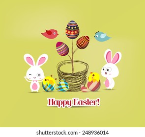 easter eggs tree bunny and birds