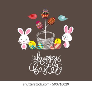 easter eggs tree bunny and birds