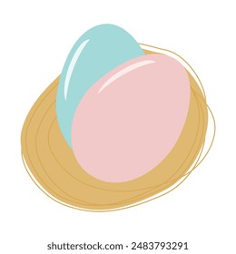 Huevos de Pascua en azul suave y rosa en el nido. Tarjeta de felicitación de Pascua o concepto de diseño de Anuncio