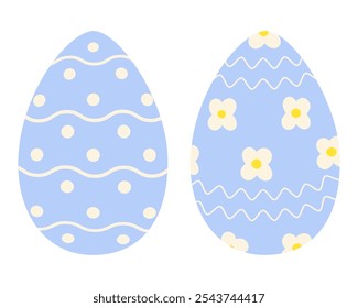 Easter Eggs in trendy soft blue Patterned Flowers, wavy lines and dots. Easter greeting element idea