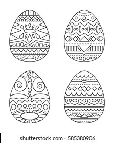 Easter eggs with tribal ornament vector coloring page. Black and white eggs with ethnic pattern clipart. Easter handmade postcard with chicken eggs. Easter eggs for coloring isolated. Easter clip art