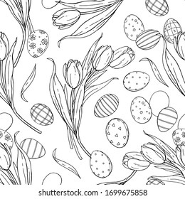 Los huevos de Pascua con tulipanes están aislados en un fondo blanco. Dibujo vectorial de trabajo manual. Patrón transparente para el diseño