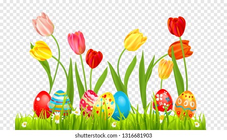 Huevos de Pascua y tulipanes sobre una hierba. Elemento de diseño de vacaciones aislado para tarjeta, pancarta, boleto, volante, afiche, etc. Plantilla con espacio para texto.