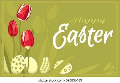 Easter eggs, in tulips ,on a green background