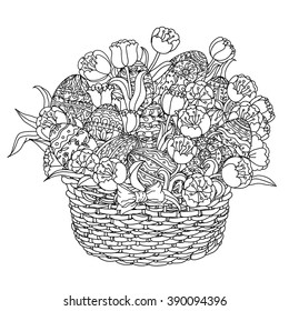 Easter eggs and  tulips in a wicker basket Zentangle interpretation. Black and white. Vector illustration. The best for your design, textiles, posters, coloring book