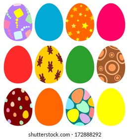 Easter Eggs - Twelve decorated and colored eggs for Easter egg hunt. Isolated on white.