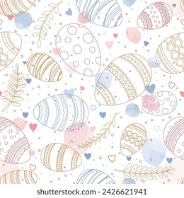 Easter eggs and twigs on a white background with colored spots. Easter pattern of eggs, twigs, colored specks and hearts. Vector seamless pattern.