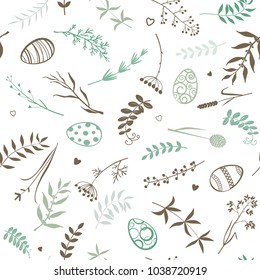 Easter eggs, twigs, wild grasses and flowers. Vector seamless pattern.