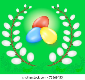 Easter eggs, twigs of a willow on a green background