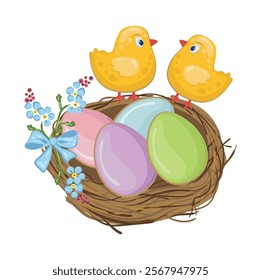 Easter eggs and two chickens in a nest decorated with blue flowers. Easter gifts in flat lay style. Multicolored eggs in the form of gingerbread. Vector isolated drawing on a white background.