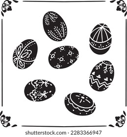 Easter Eggs Ukrainian decorated Spring floral black and white line drawing illustration clip art vector