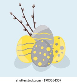 Easter Eggs in Ultimate Gray and Illuminating. Sprig of holly willow. Postcard for Easter and the Coming of Spring