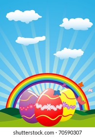 Easter eggs under rainbow and sun-rays