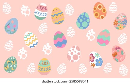 Easter eggs with various colorful patterns and floral designs create a cheerful spring atmosphere on a pink background