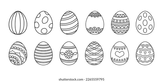Easter Eggs vector coloring collection. Isolated linear eggs with ornaments on white