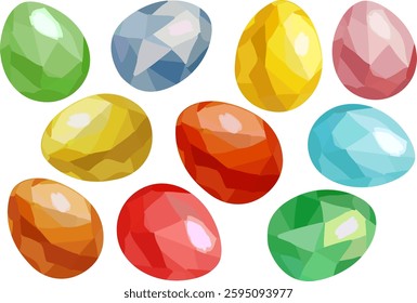 Easter eggs vector with faceted gemstone texture, bright spring colors, isolated elements for holiday design, festive decorative graphics, modern art, gouache, greeting cards web