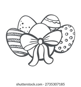 Easter eggs vector graphic illustration. Whimsical hand drawn outline illustration for Happy Easter card design. Dyed religious symbols with patterns. Isolated doodle for holiday eggs hunt invitation