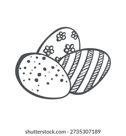 Easter eggs vector graphic illustration. Whimsical hand drawn outline illustration for Happy Easter card design. Dyed religious symbols with patterns. Isolated doodle for holiday eggs hunt invitation