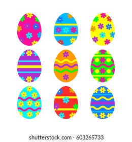 Easter eggs vector icon background. Flat style of colorful eggs with flowers. Vector illustration on white