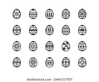 Conjunto de Ícones Vetoriais de Ovos de Páscoa | Espessura ajustável da linha | Páscoa, ovos, primavera, feriado, celebração, coelho, decorado, floral, ornamental, festivo, padrão, religiosos, ícones de tradição