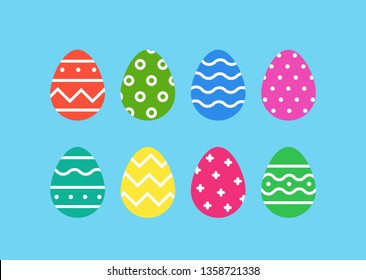Easter eggs vector icons flat style. Traditional religious celebration gift symbol. Happy Easter. Spring holiday. Vector illustration isolated on blue background. Decorative elements.